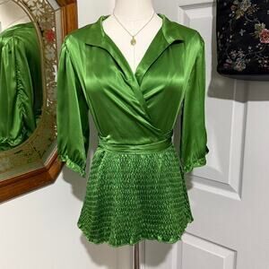 INC International Concepts Green Shiny Silk Smocked Mid Sleeve Collared Wrap Top